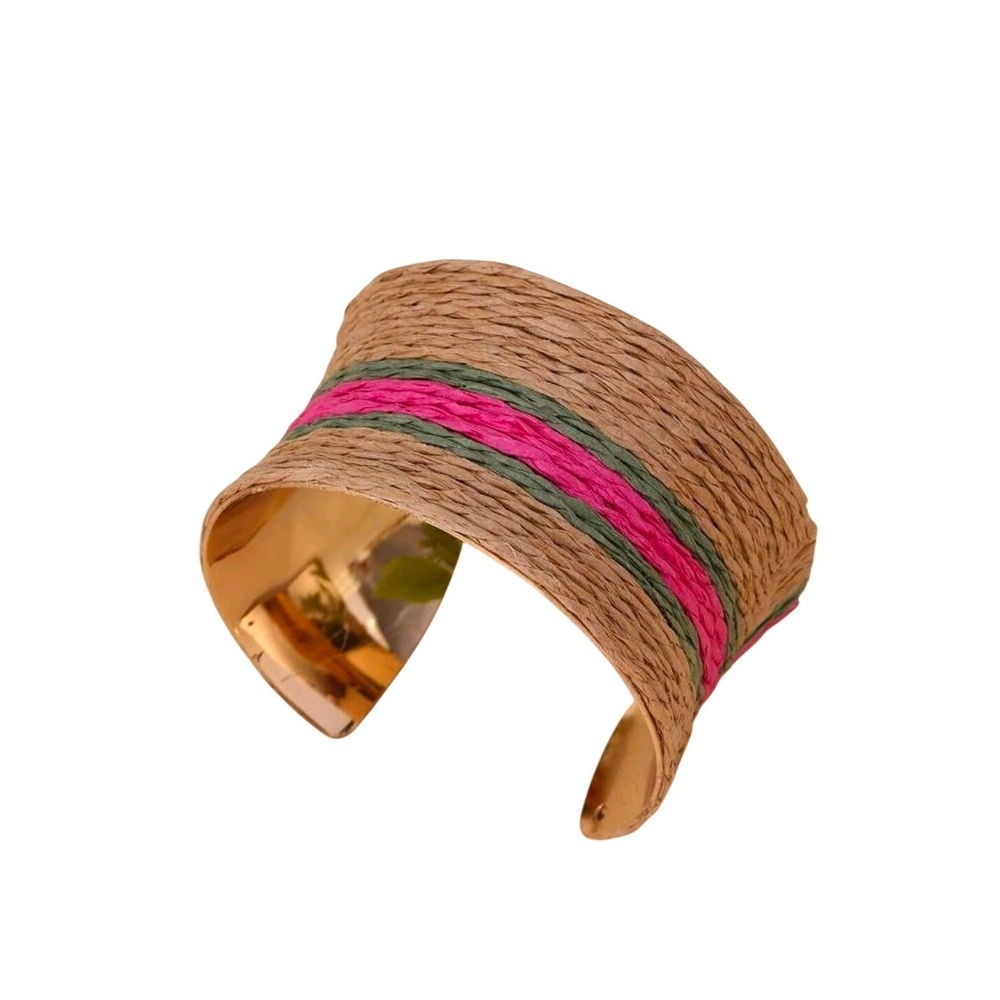 Woven Raffia Striped Wide Cuff Bracelet Gold Tone Pink Green Tan Boho Statement